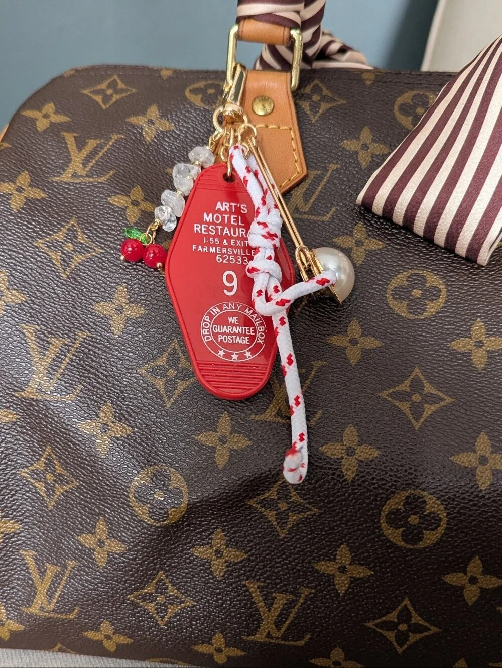 Red Vintage Motel Bag Charm Keychain with Pearl and Cherry Accents Handmade